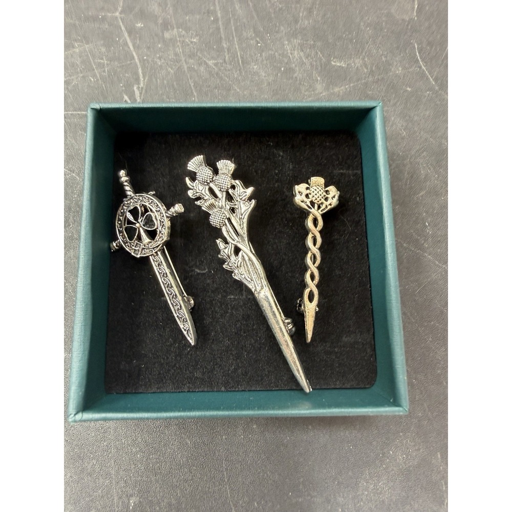set of 3 silver-tone Scottish/Celtics themed kilt pins brooch, swords